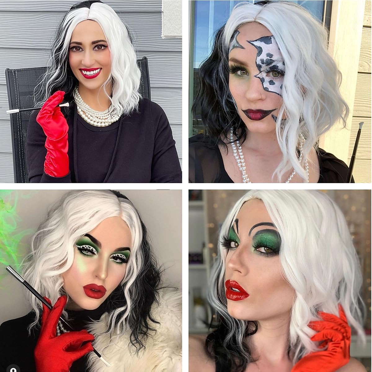 Set de peluca de villana de moda en blanco y negro con bob partido para cosplay de Halloween 2026 - $25.99 –P8
