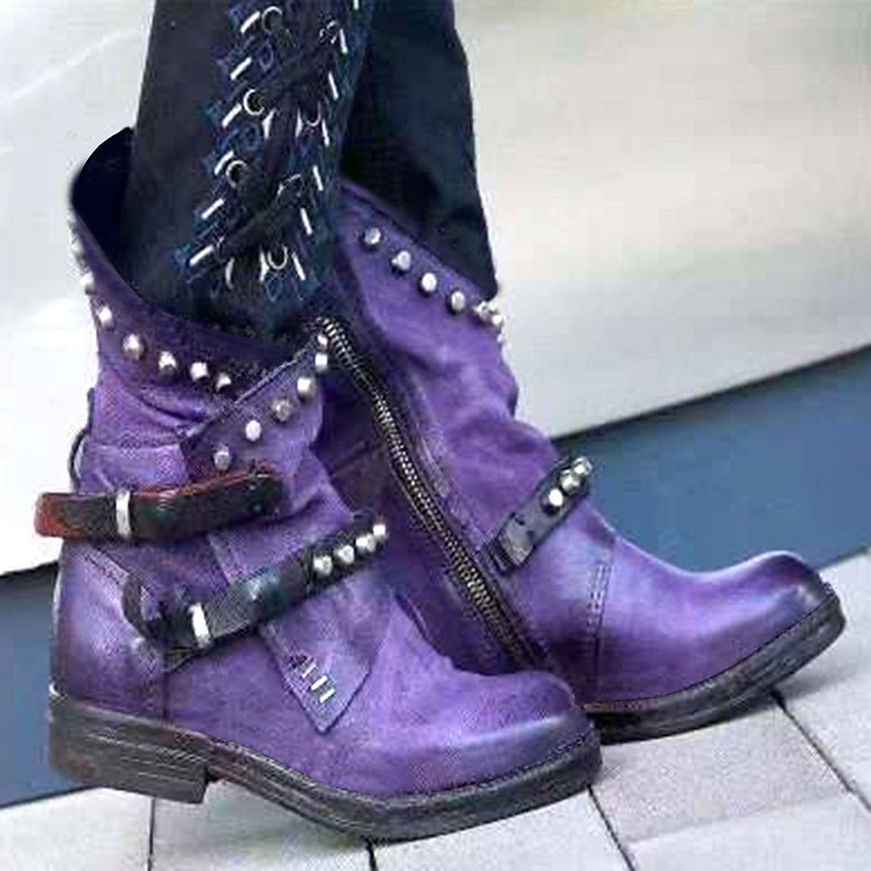 Women's Purple Studded Ankle Boots with Side Zipper and Buckle Straps, Punk Rock Style Footwear for Bold Fashion Statements 2025 - $54.99 –P1