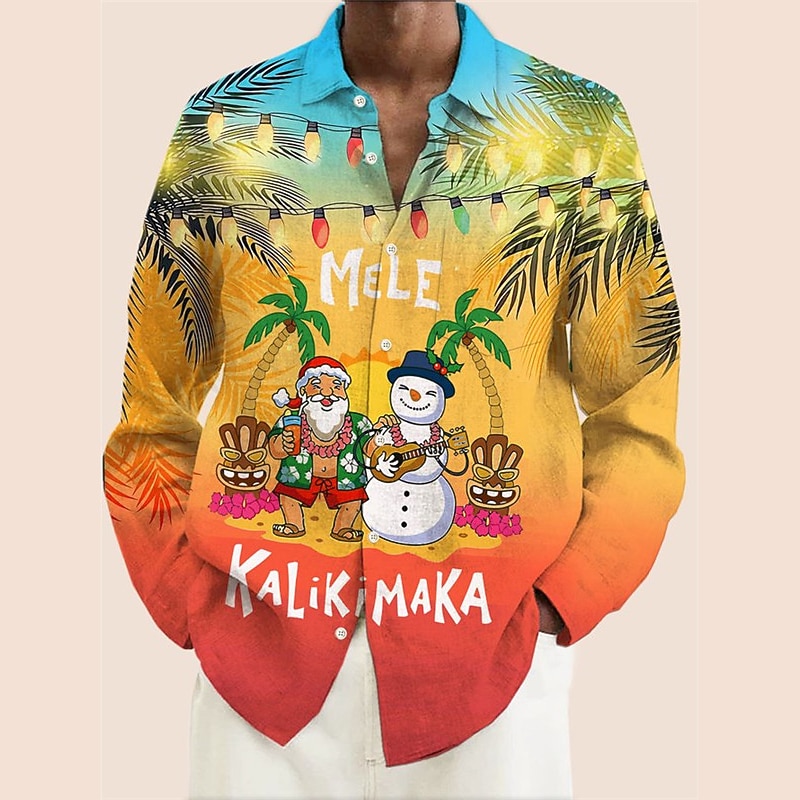 Papá Noel Palmera Casual Hombre Camisa Ropa Cotidiana Noche Otoño invierno Cuello Vuelto Manga Larga Burdeos, Naranja S, M, L Tejido elástico en 4 direcciones Camisa Navidad 2025 - $26.99 –P3