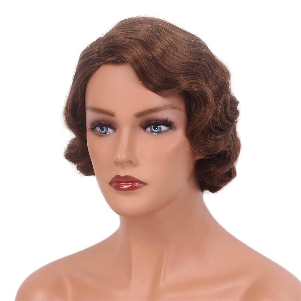 Krátké popelavě hnědé paruky pro ženy přírodní prstová vlna syntetická paruka pro ženy dámy cosplay anime party kostýmy anime flapper paruka halloweenské paruky 2025 - $18.49 –P7