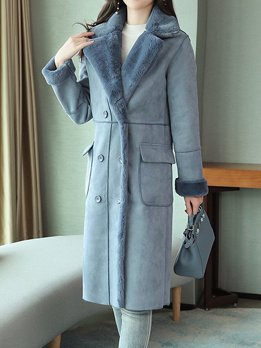 Women's Coat Warm Breathable Outdoor Casual Daily Wear Button Pocket Double Breasted Turndown Fashion Daily Modern Solid Color Regular Fit Outerwear Long Sleeve Fall Winter Blue Green S M L XL 2XL 2024 - $75.99 –P12