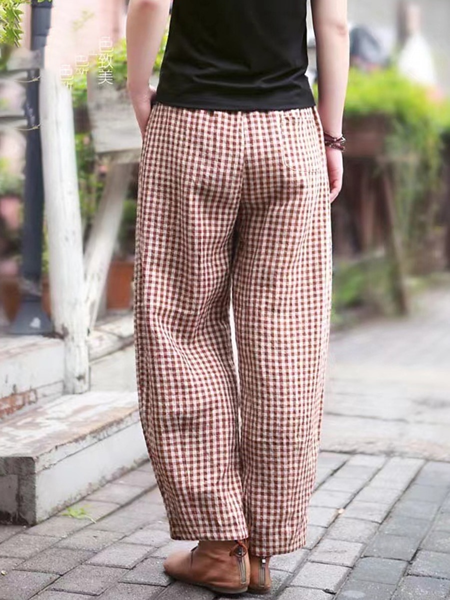 Women's Wide Leg Pants Trousers Linen Cotton Blend Plaid High Waist Full Length Black Fall 2025 - $18.99 –P4