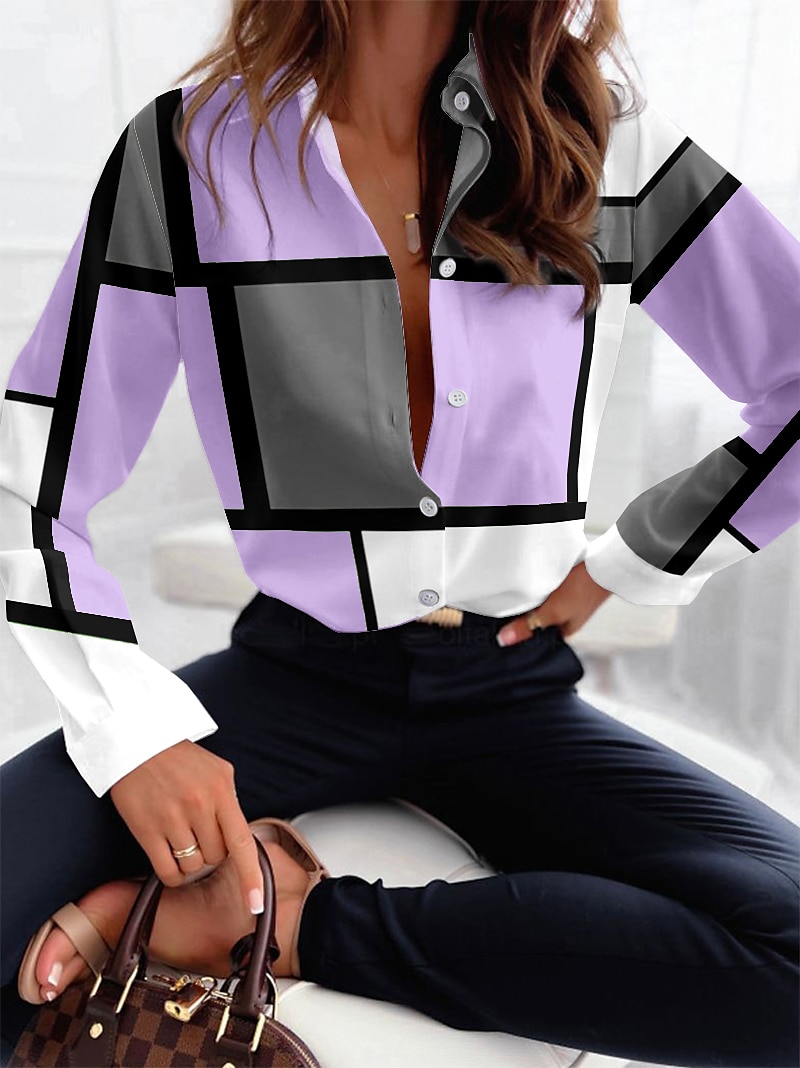 Camicia Donna Moda Flanella Stampa Bottoni Maniche Lunghe Top Regolari Collo Camicia Casual Rosa Viola Primavera Autunno del 2025 a $32.99 –P2