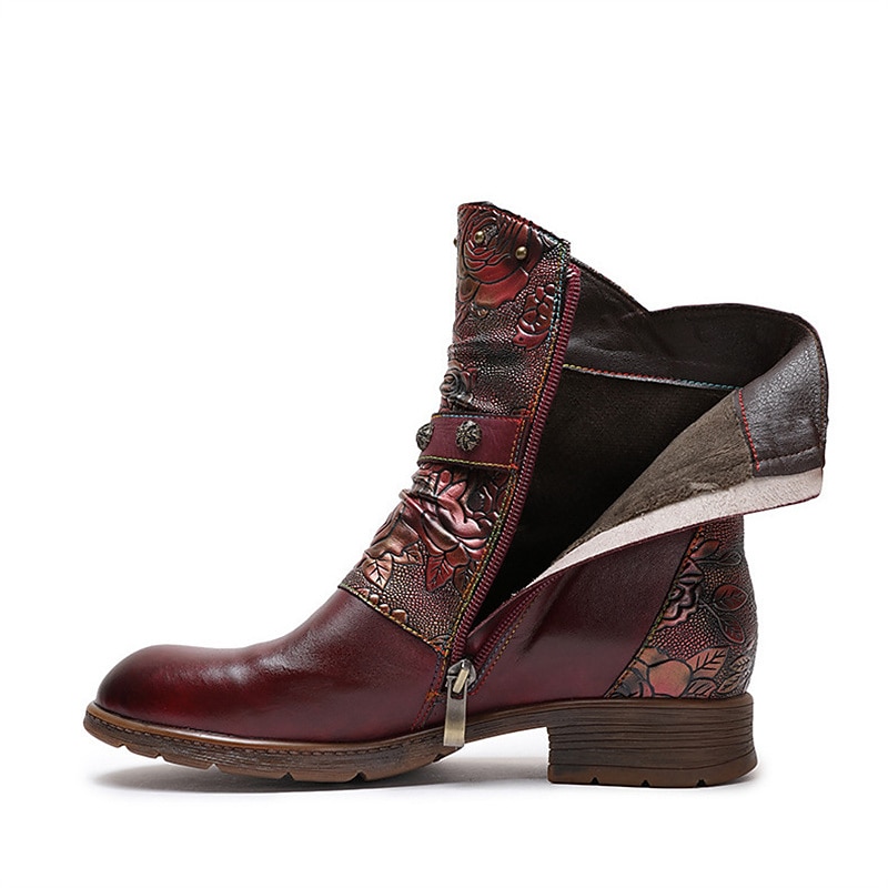 Vintage leren enkellaarsjes met bloemenreliëf voor dames – stijlvol bordeauxrood gespbandontwerp voor casual herfst- en winterkleding 2026 - $99.99 –P4