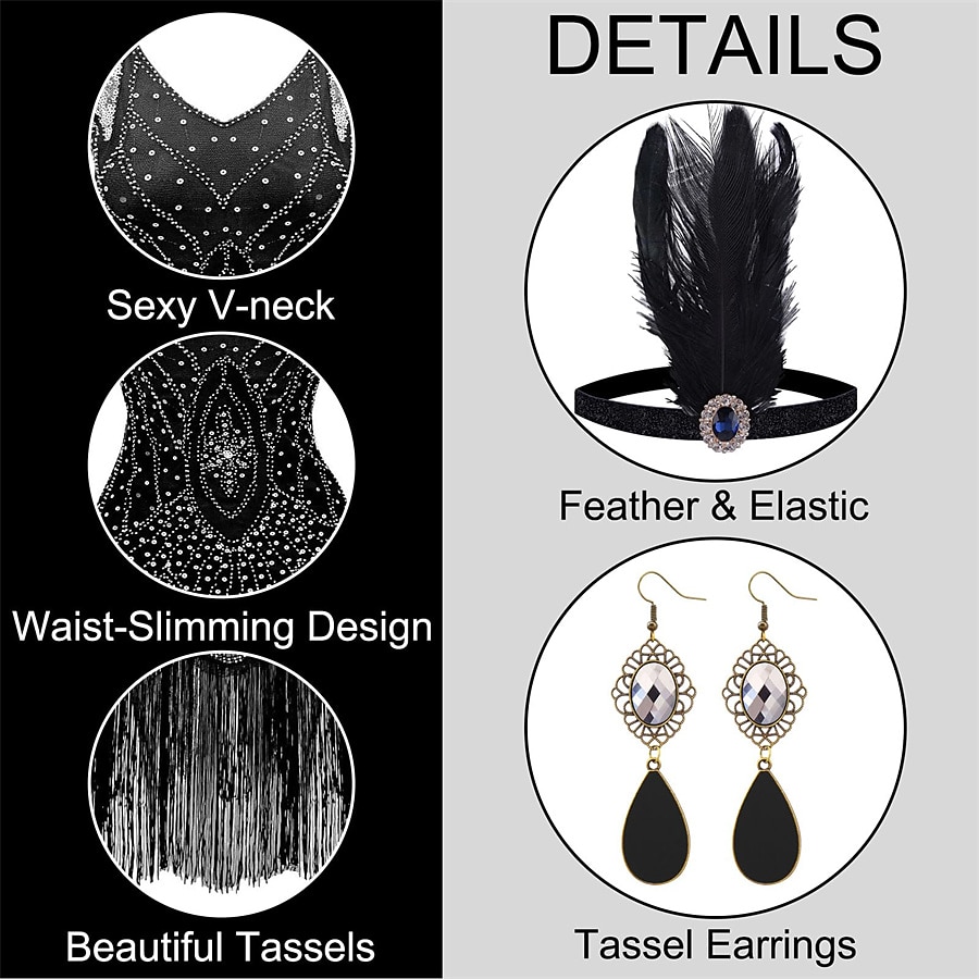 Goldene Zwanziger 1920er Knielang Flapper Kleid Outfits Zubehörset Ärmellos Der große Gatsby Hochzeitsgast Pailletten Quastenfransen Pailletten Quaste V Ausschnitt Kostüm Damen Karneval Maskerade 2026 - $51.99 –P8