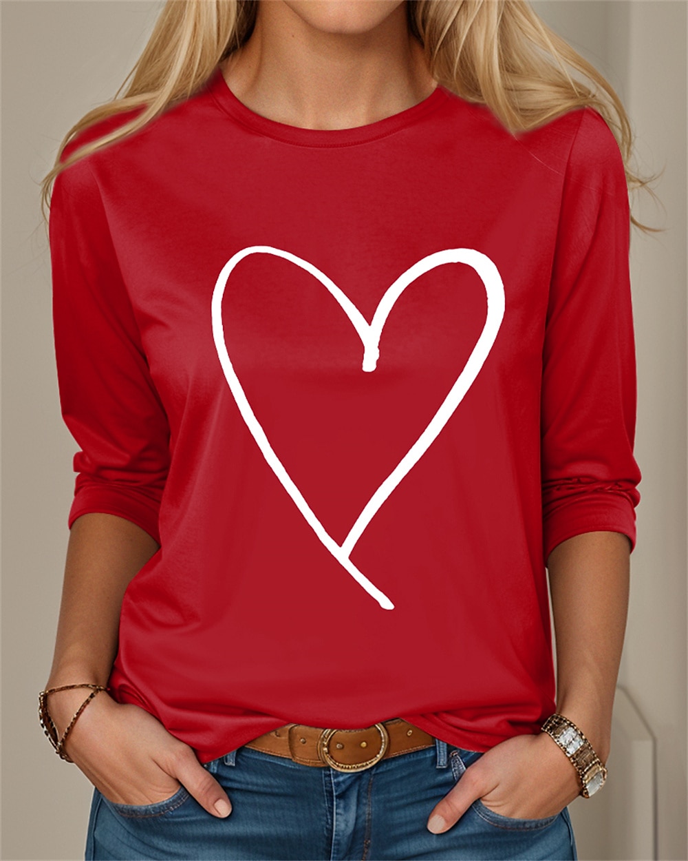 Valentine Kvinners Hjerte T-skjorte Sød Rød Tee Vanlige Topper Langermet Rund hals Trykk Vanlig Passform Valentines Weekend Svart Rosa Rød Vår Høst 2025 - $27.99 –P1