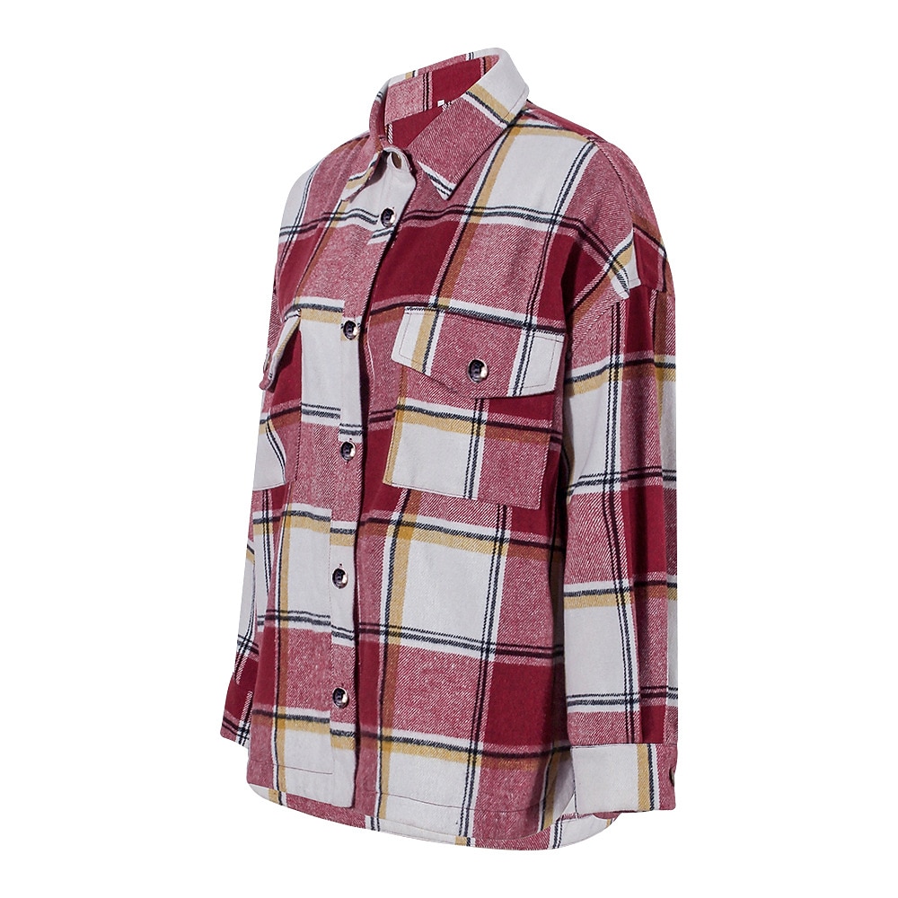 Women's Shirt Blouse Fashion Plaid Buttons Pocket Print Long Sleeve Regular Tops Shirt Collar Casual Black Red Green Khaki Spring &  Fall 2025 - $28.99 –P5