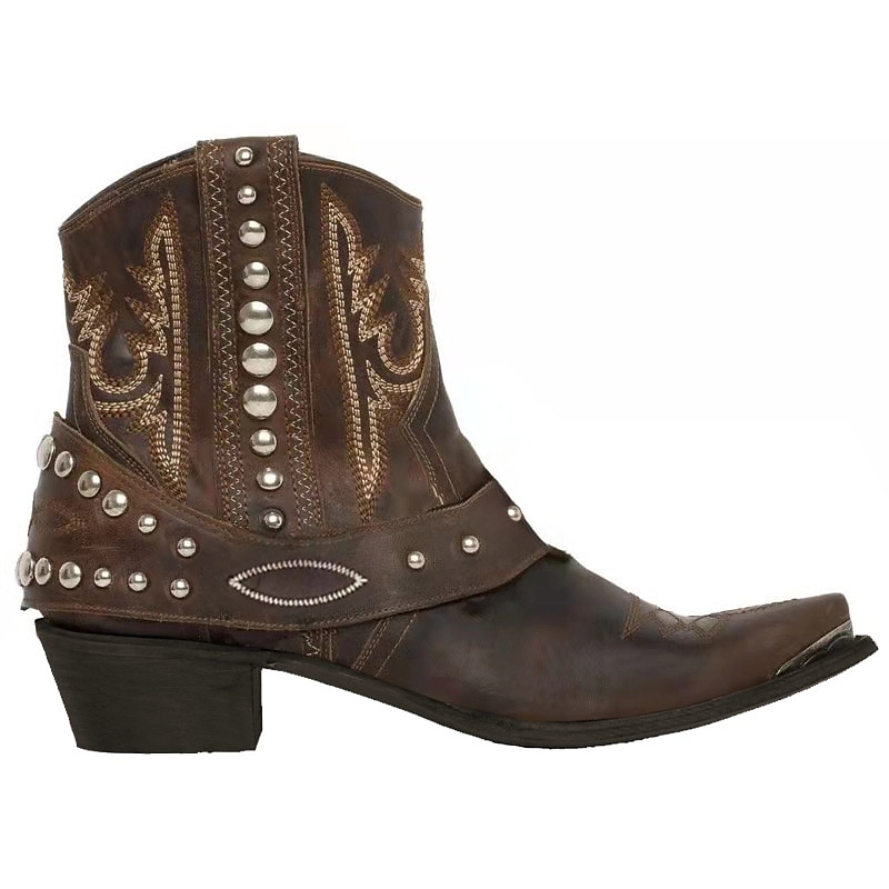 férfi western cowboy csizma díszített csatos pántokkal és szegecses dizájnnal - vintage stílusú műbőr bokacsizma rodeó és hétköznapi viselethez 2025 - $84.99 –P3