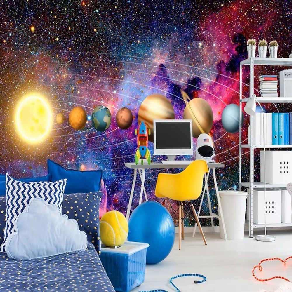 3d muurschildering behang zonnestelsel galaxy planet muursticker die print peel en stick verwijderbare pvc/vinyl materiaal zelfklevend/lijm vereist muur decor muurschildering voor woonkamer slaapkamer 2025 - $43.99 –P12