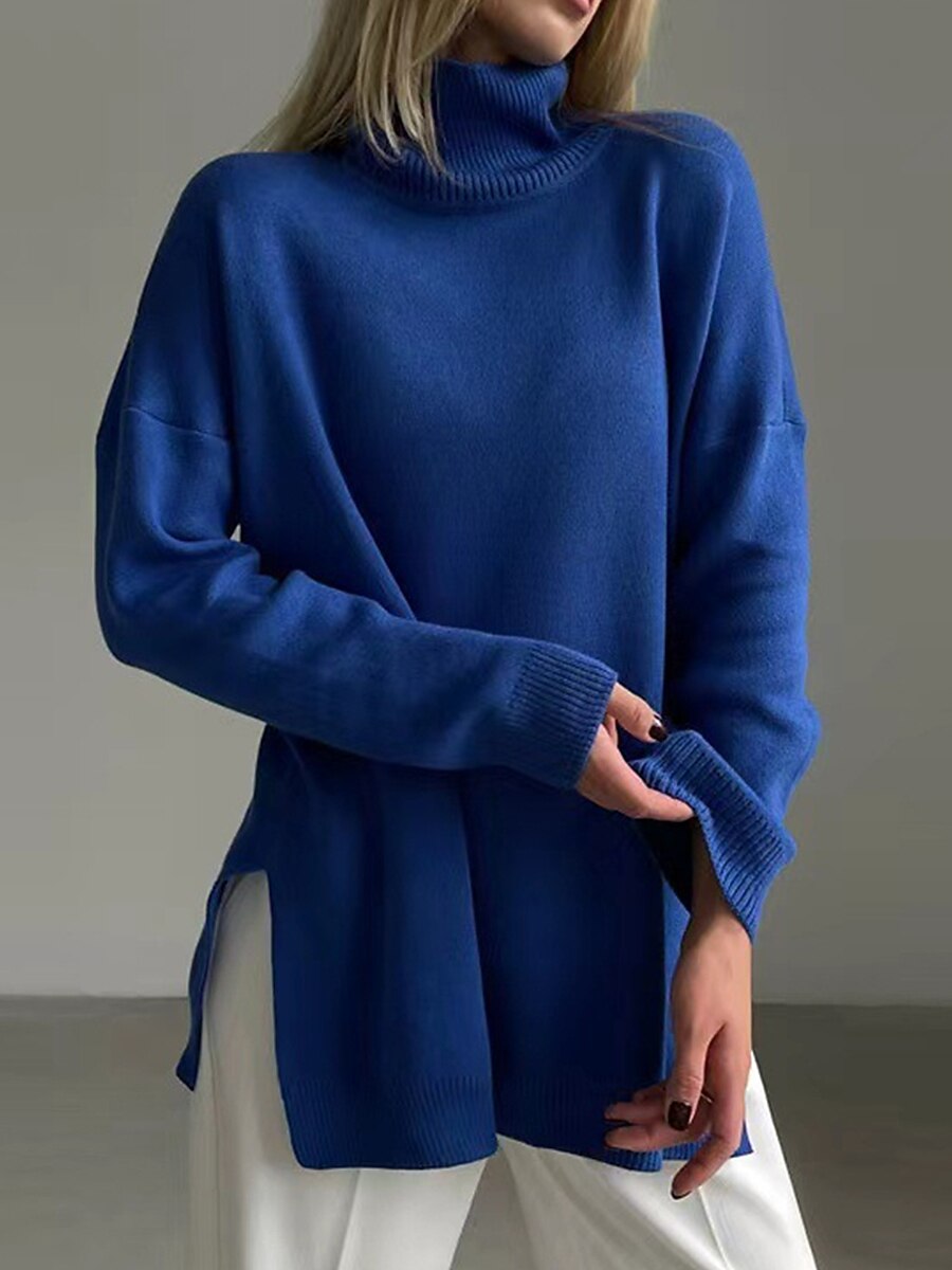 Női Pulóver pulóver Körgallér Bordázott Kötött Sodort fonal Hasított Kötött Ősz Tél Szokványos Szabadtéri Napi Alkalmi Divat Utcai sikk Alkalmi Hosszú ujj Tömör szín Sárga Sötétkék Narancssárga S M L 2025 - $24.99 –P1