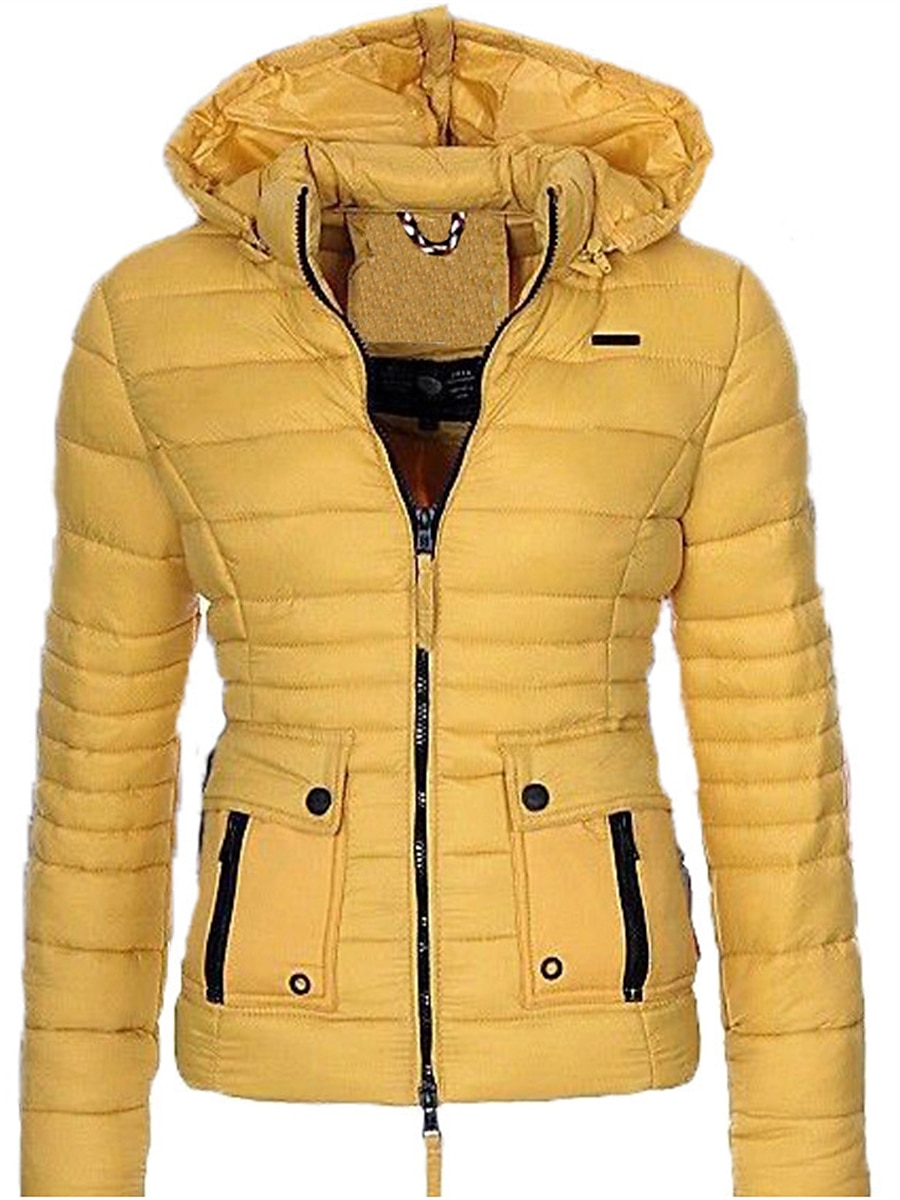 Dames Parka Houd Warm Ademend Vetoketju Zak Modieus Modern Casual Street Style Effen Kleur Buiten Straat Alledaagse kleding Uitgaan Rits Kort Capuchon Normale pasvorm Lange mouw bovenkleding Geel 2025 - $45.99 -P2