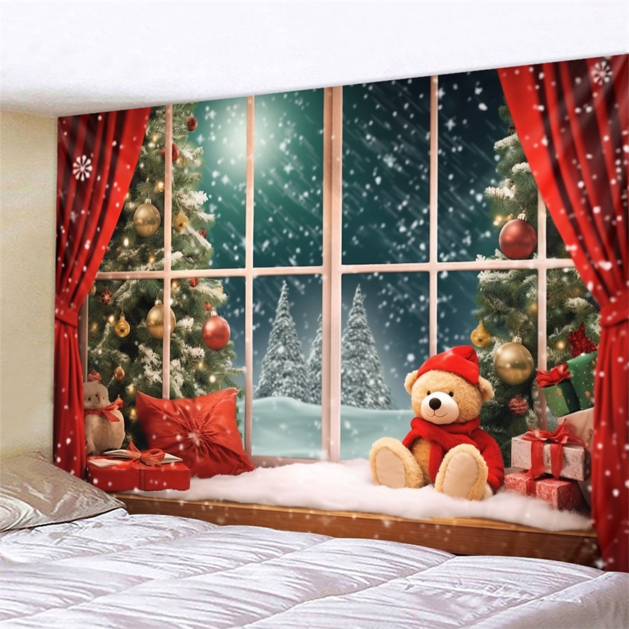 juldekorationer julgran hängande gobeläng väggkonst xmas stor gobeläng väggmålning dekor fotografi bakgrund filt gardin hem sovrum vardagsrum björn fönster vy 2025 - $17.49 –P6