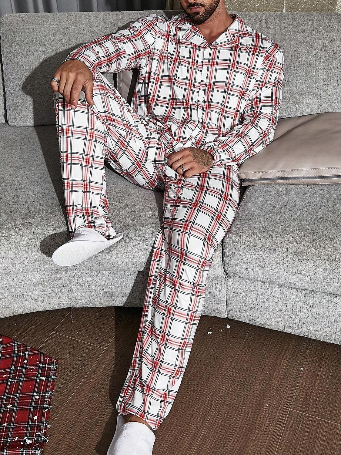 Herr Vardagsklädsel Sovkläder Pyjamas set Pyjamastopp och byxa 2 delar Rutig Stylish Ledigt Komfort Hem Dagligen Säng Bomullsblandning Komfort Mjuk Kavajslag Långärmad Skjorta Byxa Snörning Elastisk 2025 - $28.99 –P6