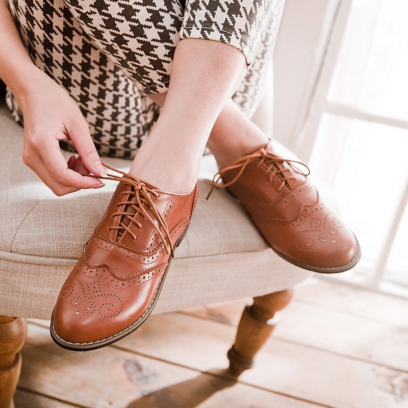 pantofi oxford clasici brogue de damă – pantofi maro din piele artificială cu vârful aripii cu șireturi pentru ținute casual și formale de inspirație vintage 2025 - $42.99 –P1