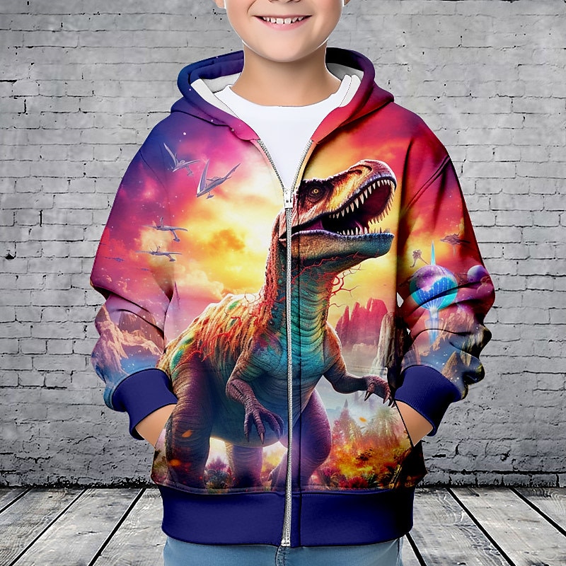 Pojkar 3D Dinosaurie Huvtröja Kappa Ytterkläder Långärmad 3D-tryck Höst Vinter Mode Streetwear Häftig Polyester Barn 3-12 år Blixtlås Huva Utomhus Ledigt Dagligen Normal 2025 - $18.49 –P3