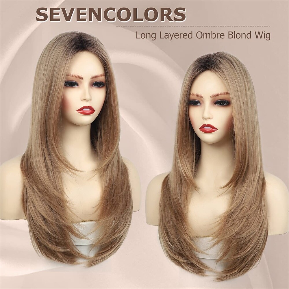lange blonde pruiken voor blanke vrouwen gelaagde rechte aardbeiblonde pruiken met donkere wortels 25 inch synthetisch haar dagelijkse cosplay halloween pruik 2026 - $18.99 –P2