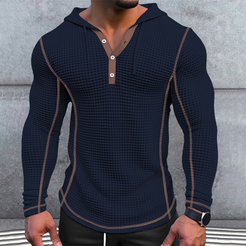 Férfi Póló Gofri Henley ing Henley ing Tee Top Hosszú ujj Henley Tavasz & Ősz Sima Divat Dizájn Alap Kollázs Kapucni Vakáció Utca Alkalmi Fekete Fehér Tengerészkék Férfi felső póló 2025 - $23.99 –P3