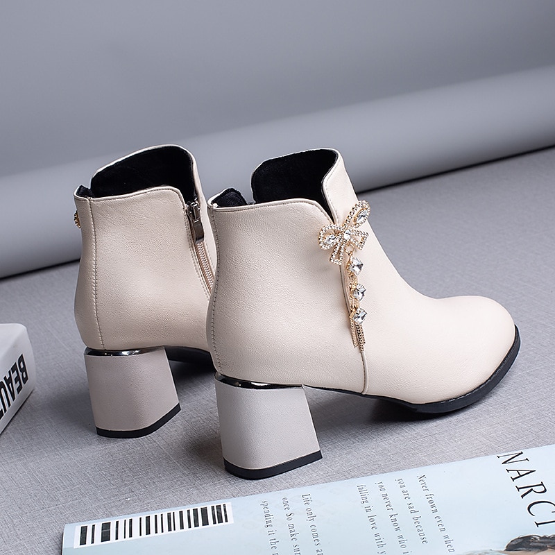 Women's Heels Boots Plus Size Heel Boots Outdoor Daily Booties Ankle Boots Winter Rhinestone Bowknot Chunky Heel Round Toe Elegant Vintage Sexy PU Zipper Black Beige 2023 - AED 151 –P5