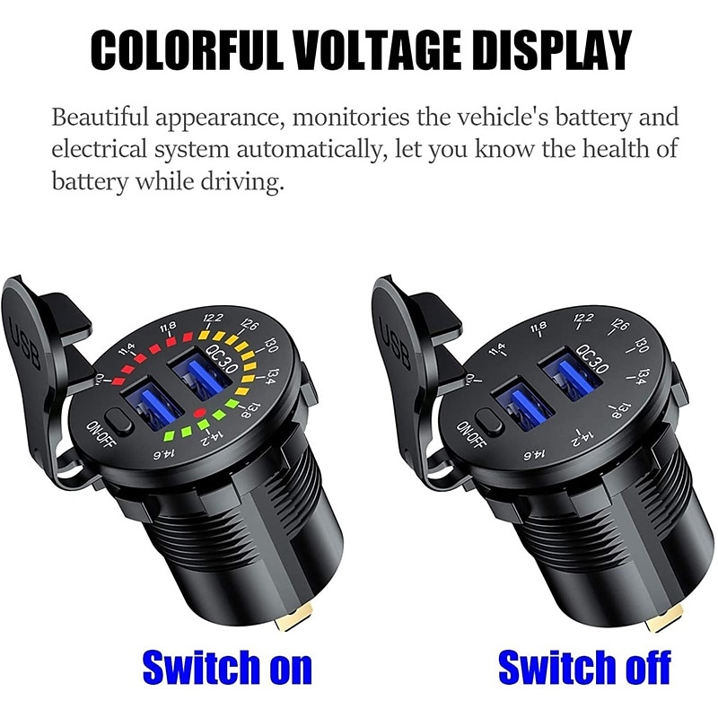 36w dual usb qc3.0 autolader 12v usb-uitgang snel opladen stopcontact met kleurrijke digitale voltmeter & aan / uit knop & 10a ingebouwde zekering voor voertuigen motorfietsen marine boot atv bus 2025 - $51.99 –P1