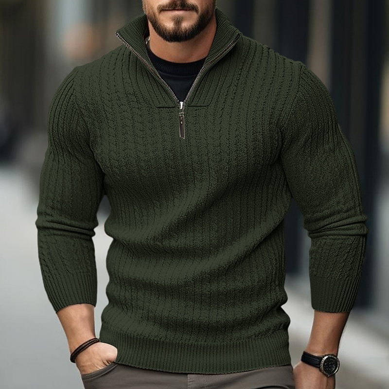 Herren Pullover Herbstpullover Pullover mit Viertelreißverschluss Gerippt Stricken Standard Zip Strick Glatt Ständer Moderne zeitgenössische Arbeit Freizeitskleidung Bekleidung Winter Schwarz 2025 - $32.99 –P2