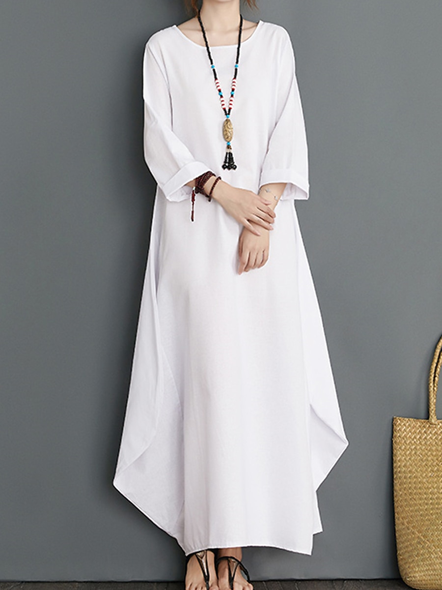 Damen Langes Kleid Maxikleid Leinen-inspirierte Kleider Weißes Kleid Freizeitkleid Winterkleid Streetwear Urlaub Straße Lässiger Schnitt Langarm Rundhalsausschnitt Schwarz Weiß Rote Blau Herbst Winter 2025 - $26.99 –P1