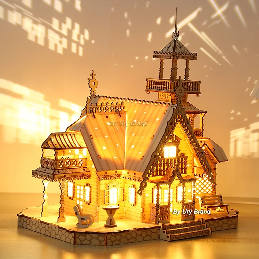 3D dřevěné puzzle vila dům královský hrad se světelnou montážní hračkou pro dospělé kutily modelové sady stolní dekorace pro dárek 2025 - $49.99 –P2
