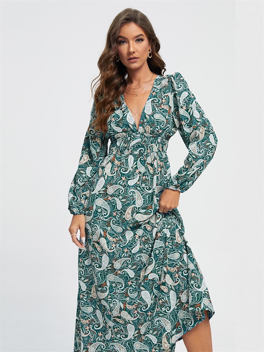 robe midi décontractée à motif cachemire et col en V de 2026 ? $91.99 –P4