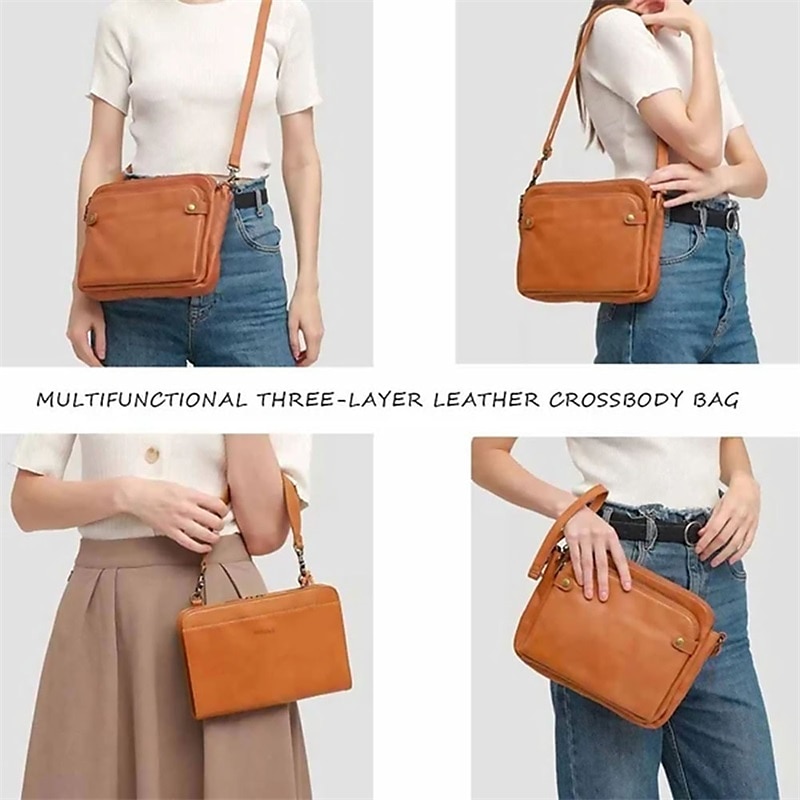 Women's Vintage Three-Layer Leather Crossbody Shoulder & Clutch Bag – Multi-Compartment Design for Casual, Work, and Travel Use 2025 - $29.99 –P3