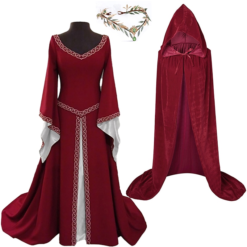 conjuntos com vestido irlandês glamour noiva elfo coroa capa com capuz 3 peças feminino medieval steampunk renascentista retrô vintage roupas viking fantasias de cosplay larp de 2025 por $64.99 –P3