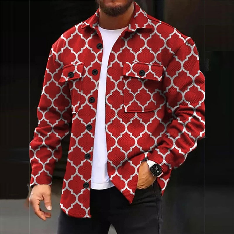 Herren Geometrie Hemd Hemdjacke Overshirt Langarm Brautkleider schlicht Outdoor Strasse Casual Herbst Winter Umlegekragen Knopf Tasche Bedruckt Schwarz Rote Blau Purpur 2025 - $37.99 –P1