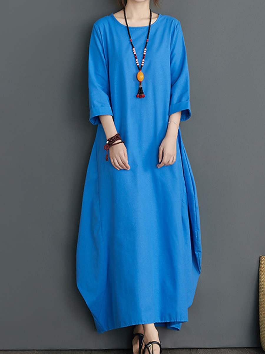 Damen Langes Kleid Maxikleid Leinen-inspirierte Kleider Weißes Kleid Freizeitkleid Winterkleid Streetwear Urlaub Straße Lässiger Schnitt Langarm Rundhalsausschnitt Schwarz Weiß Rote Blau Herbst Winter 2025 - $26.99 –P7