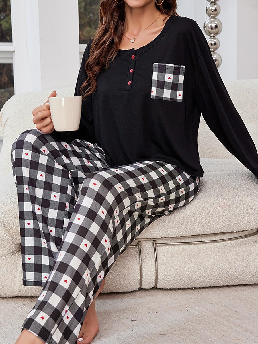pyjamassett for kvinner rutenett / rutete tilfeldig komfort hjemmeseng pustende rundhals langermet t-skjorte t-skjorte bukseknapplomme høst vinter hjemmeantrekk 2025 - $25.99 –P5