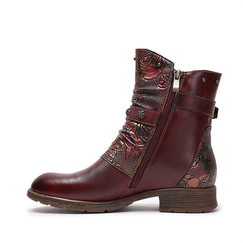 Vintage leren enkellaarsjes met bloemenreliëf voor dames – stijlvol bordeauxrood gespbandontwerp voor casual herfst- en winterkleding 2026 - $99.99 –P3