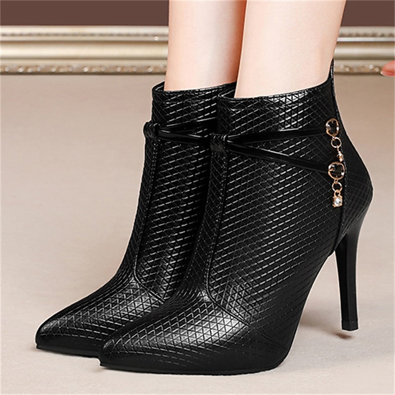 Women's Boots Plus Size Heel Boots Party Office Daily Booties Ankle Boots Rhinestone Stiletto Heel Pointed Toe Elegant Fashion Sexy Faux Leather Zipper Black Brown 2023 - AED 155.98 –P7