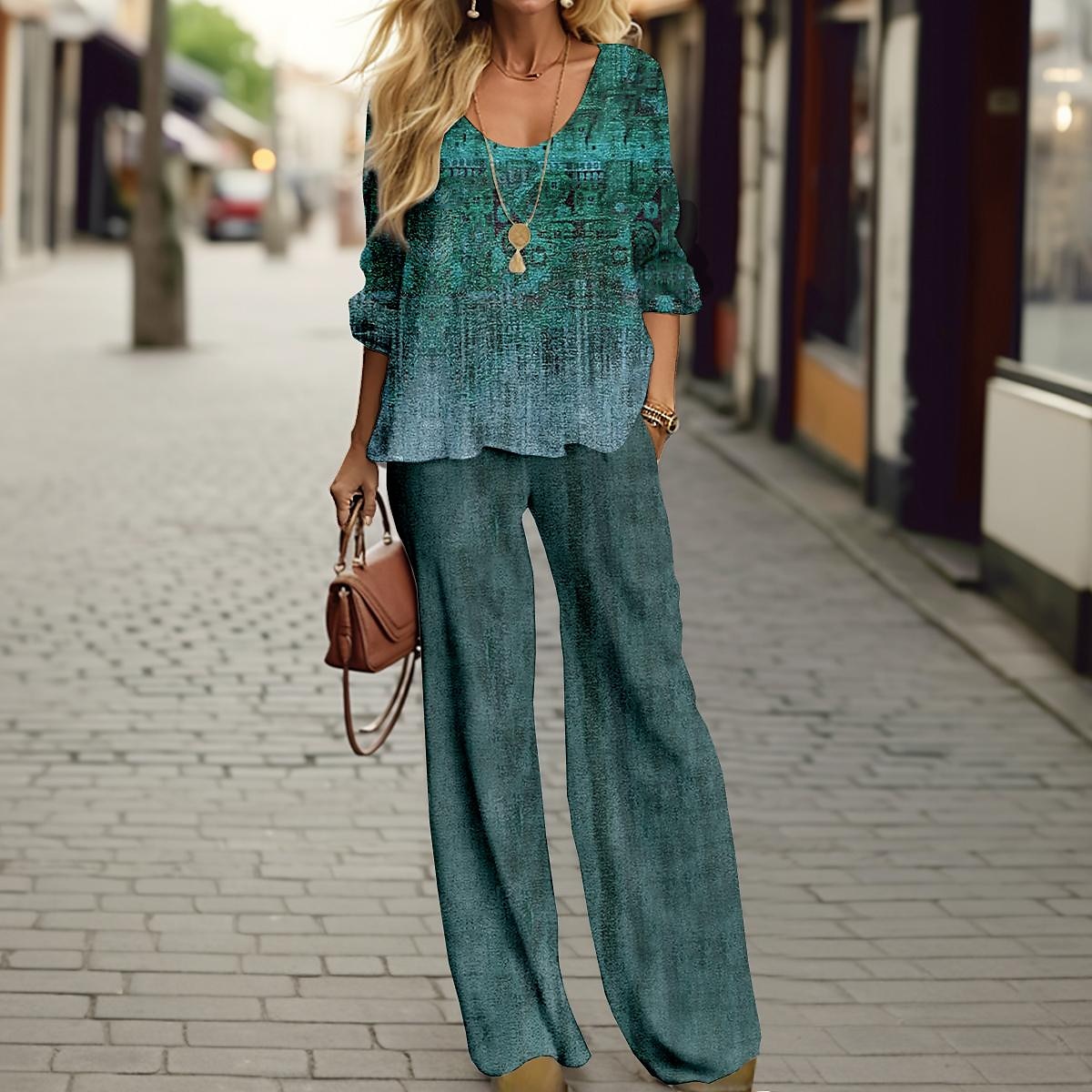 Dames 2 Stukken Mode Shirt Broek Sets Brede Pijpen Broeken Lange Mouwen Ronde Hals Grafische Print Casual Dagelijks Rood Blauw Lente Fall Reguliere Pasvorm 2025 - $34.99 –P3