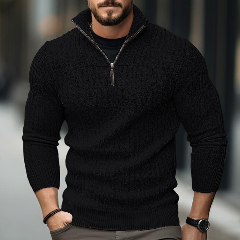 Herren Pullover Herbstpullover Pullover mit Viertelreißverschluss Gerippt Stricken Standard Zip Strick Glatt Ständer Moderne zeitgenössische Arbeit Freizeitskleidung Bekleidung Winter Schwarz 2025 - $32.99 –P1