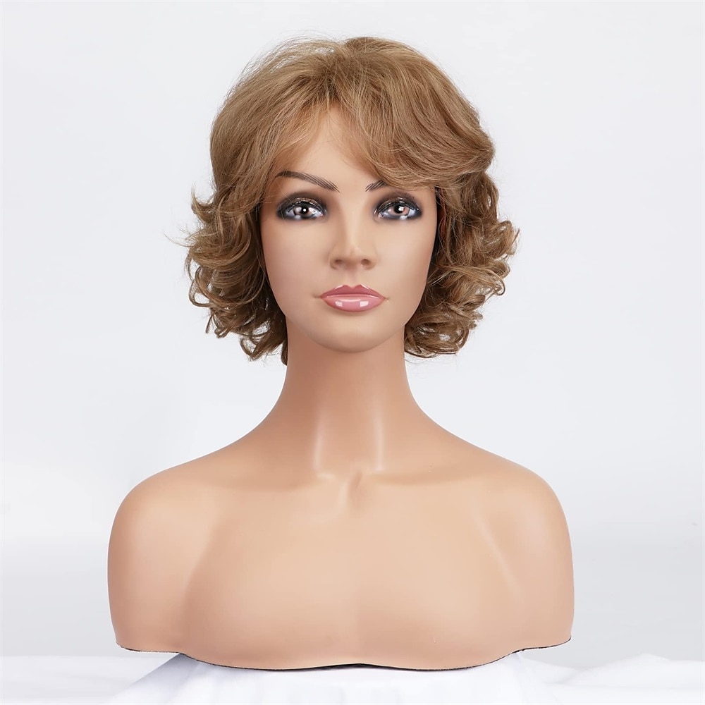 Pelucas cortas y rizadas de color marrón claro para anciana, peluca rizada en capas con flequillo, peluca marrón ondulada con raíces oscuras, pelo sintético natural para fiesta diaria, cosplay custume 2025 - $18.99 –P2