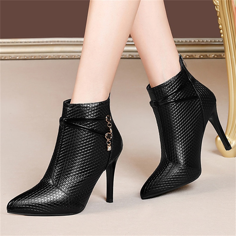 Women's Boots Plus Size Heel Boots Party Office Daily Booties Ankle Boots Rhinestone Stiletto Heel Pointed Toe Elegant Fashion Sexy Faux Leather Zipper Black Brown 2023 - AED 155.98 –P9