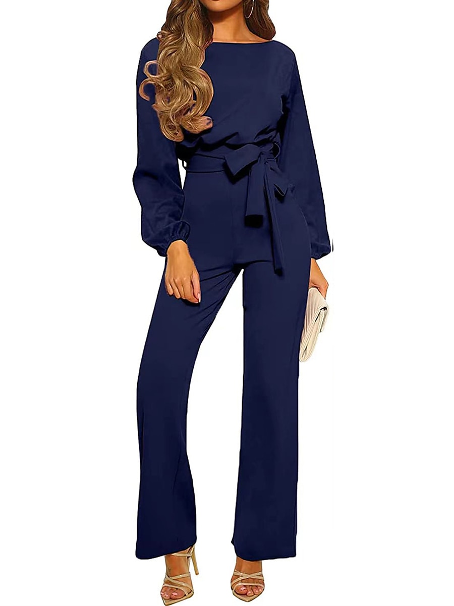 Női Szabályos Jumpsuitek Elegáns Tömör szín Hosszú ujj Terített nyak Fűzős Magas derék Munka Utca Normál Fekete Sárgabarack Ősz 2025 - GBP £41.54 –P3