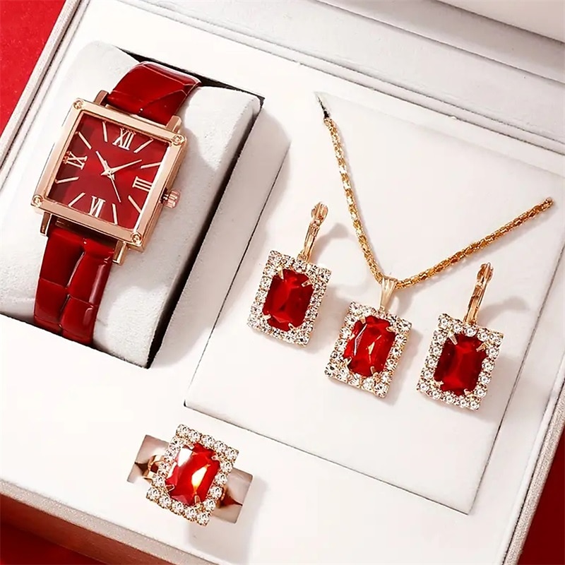 Set 5 buc. Ceas pentru femei Ceas vintage cu cadran pătrat Quartz Ceas analogic Verde și set de bijuterii cu rhinestone Cadou de Ziua Mamei pentru mama ei 2026 - $18.99 –P6