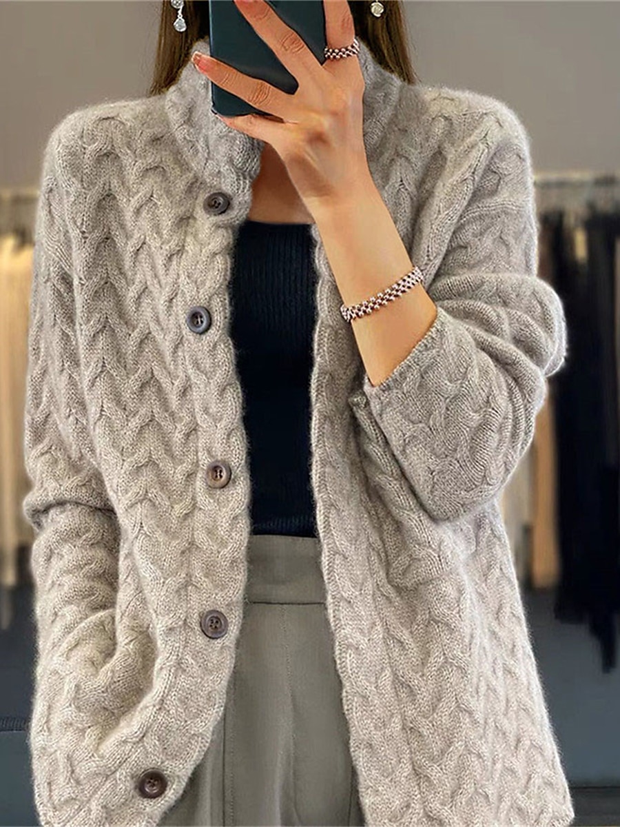 Pentru femei Bluza Epocă Modă Casual Culoare solidă Cablu Guler de stand Nasturi Tricotat Manșon Lung Topuri obișnuite Tricotat În aer liber Zilnic Ieșire Albastru piscină Cămilă Toamnă Iarnă 2025 - $65.99 –P2