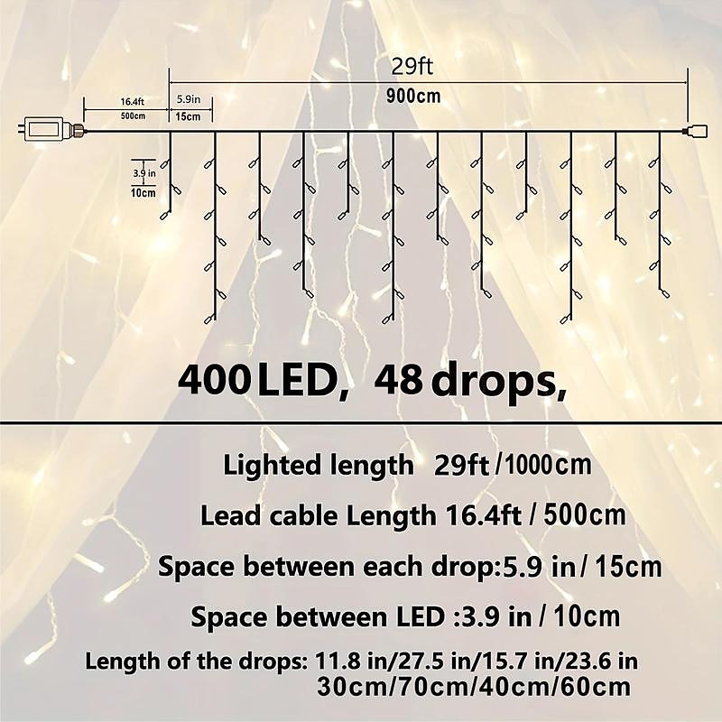 1 confezione di luci natalizie a ghiacciolo, 10 m 400 led 8 modalità e timer con 60 gocce, luci natalizie a ghiacciolo con timer, stringa di luci esterne collegabili impermeabili per vacanze, del 2025 a $18.99 –P2