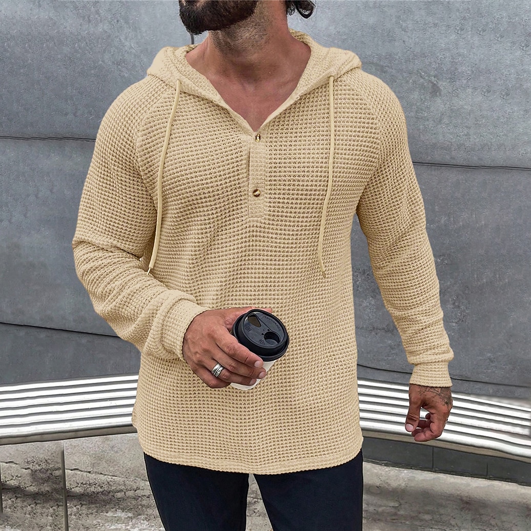 Herren Waffelhemd T Shirt Henley Hemd T-Shirt Langarm Mit Kapuze Frühling & Herbst Einfach Mode Designer Basic Gestrickt Urlaub Straße Ausgehen Grün Kaki Beige Top T-Shirt für Herren 2026 - $23.99 –P1