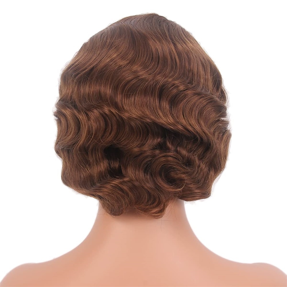 Krátké popelavě hnědé paruky pro ženy přírodní prstová vlna syntetická paruka pro ženy dámy cosplay anime party kostýmy anime flapper paruka halloweenské paruky 2025 - $18.49 –P6