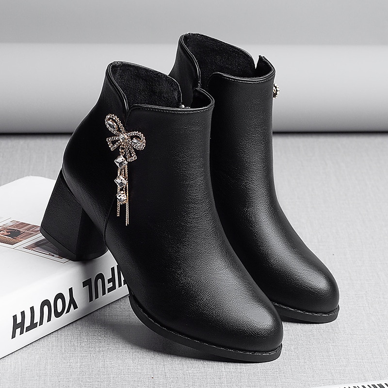 Women's Heels Boots Plus Size Heel Boots Outdoor Daily Booties Ankle Boots Winter Rhinestone Bowknot Chunky Heel Round Toe Elegant Vintage Sexy PU Zipper Black Beige 2023 - AED 151 –P9