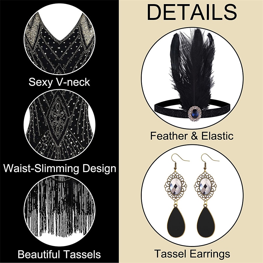 Goldene Zwanziger 1920er Knielang Flapper Kleid Outfits Zubehörset Ärmellos Der große Gatsby Hochzeitsgast Pailletten Quastenfransen Pailletten Quaste V Ausschnitt Kostüm Damen Karneval Maskerade 2026 - $51.99 –P4