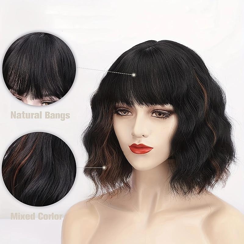 10 inch korte golvende bobpruiken met pony voor vrouwen zwart gemengd bruin korte golvende bob krullende pruiken synthetisch natuurlijk ogend hittebestendige vezelpruiken 2025 - $23.99 –P5