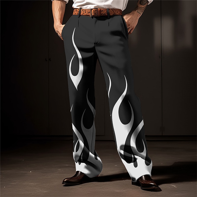Vlam Zakelijk Casual Voor heren 3D-afdrukken Pakken Broeken Buiten Straat Draag naar het werk Polyester Wijn Zwart Wit S M L Hoog Elasticiteit Broek 2025 - $29.99 –P3