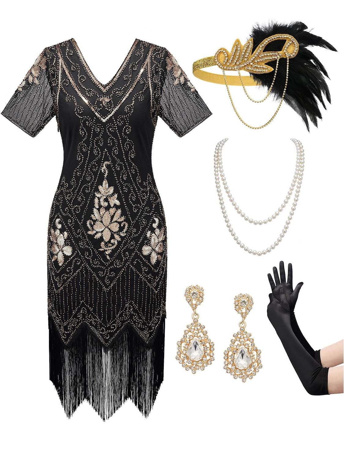 Retro Vintage Roaring 20s 1920s Flapper Dress Outfits Accessories Set The Great Gatsby Wedding Guest Sequins Tassel Fringe Sequin Tassel V Neck Women's Halloween Carnival Masquerade Carnival Party 2025 - $57.99 –P6