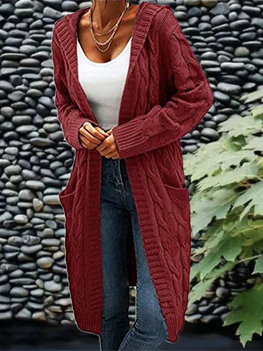 Mulheres Carregam Moda Roupa de rua Casual Côr Sólida Cabo Com Capuz Bolsos Tricotado Manga Longa Tops regulares Tricotar Ao ar livre Diário Para Noite Vinho Verde Tropa Outono Inverno de 2025 por $52.99 –P3